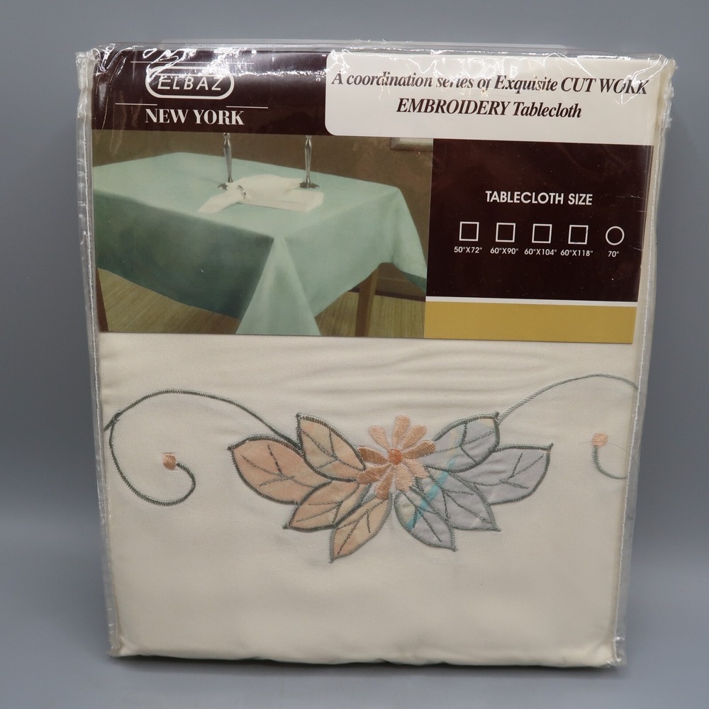 Elbaz NY White Ivory Embroidered Floral leaves Tablecloth 60x120"